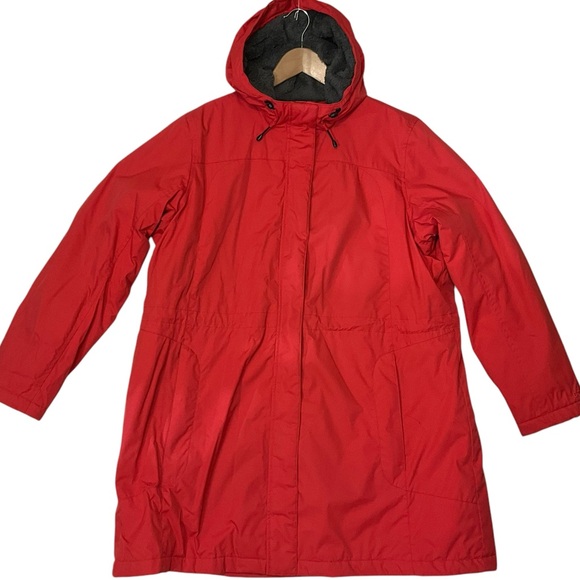 LL BEAN sz 1X Winter Jacket Winter Warmer Funnel Neck Fuzzy Pockets Red + - Picture 1 of 9